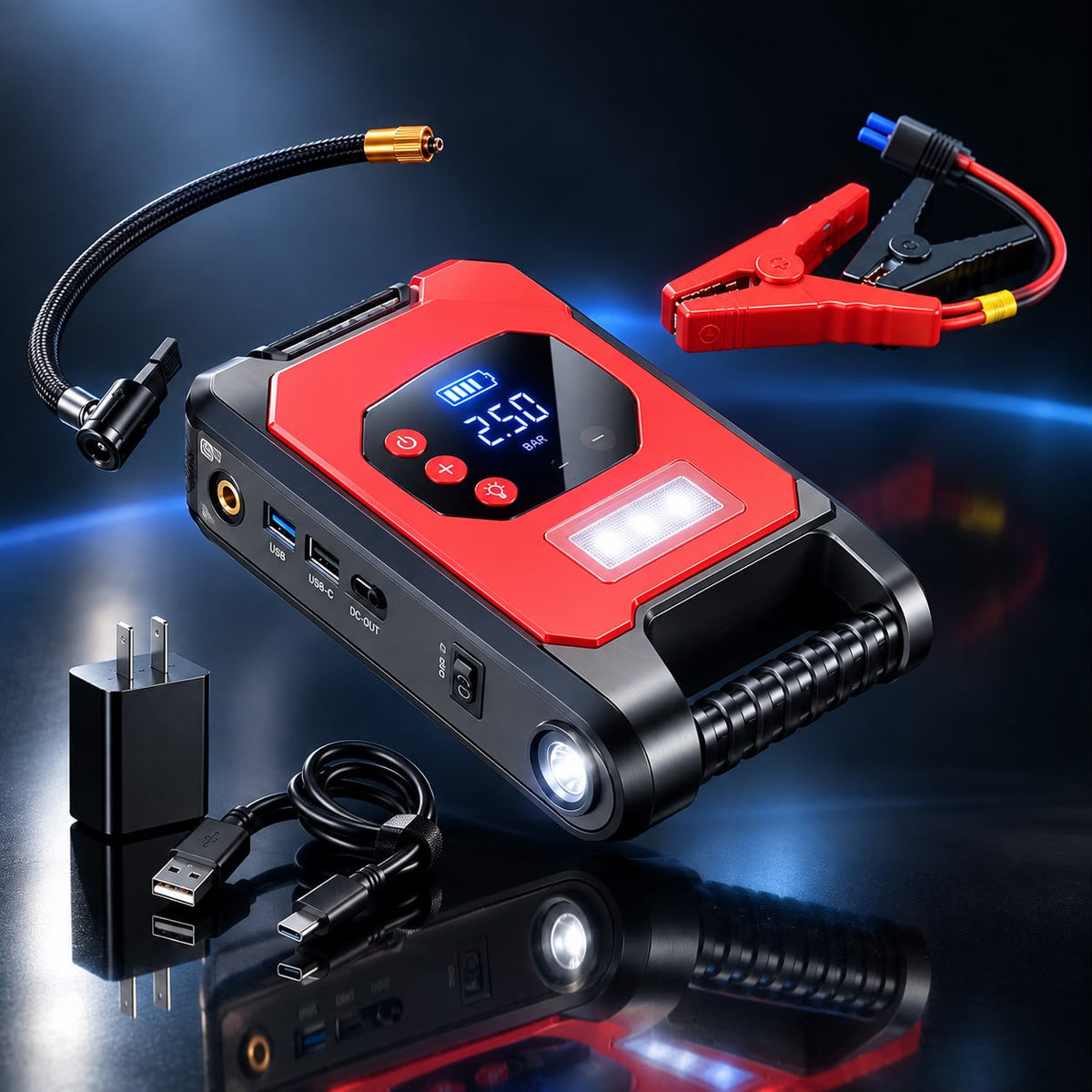 AeroCharge Pro — Premium 4-in-1 Tire Inflator, Jump Starter, Power Bank & Emergency Light